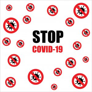 Several COVID virus shapes, each covered with a stop symgbol of a red circle with a diagonal line. Stop COVID-19 is in black letter im the middle
