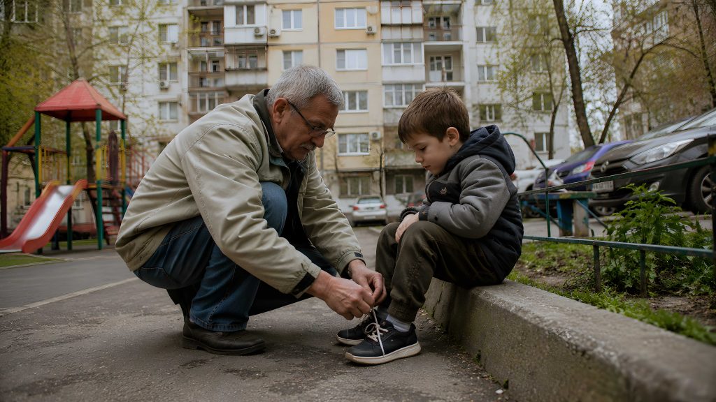 Caring grandfather tying his grandson's shoelaces on a neighborhood playground, capturing family love, everyday support, childhood care and generations