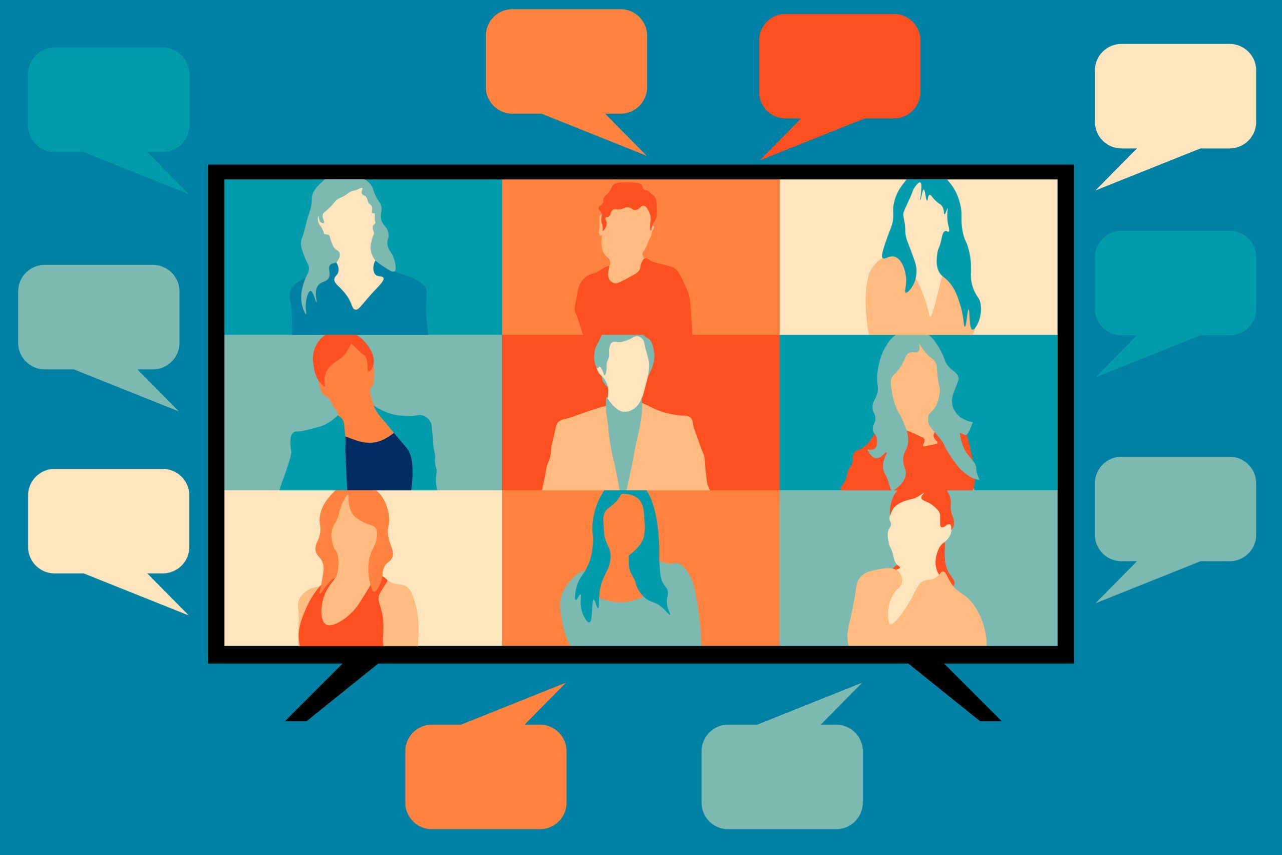Video call conference, screen and speech bubbles. Stream friends. Chatting from home. Talking about the news and global events. Vector flat illustration.